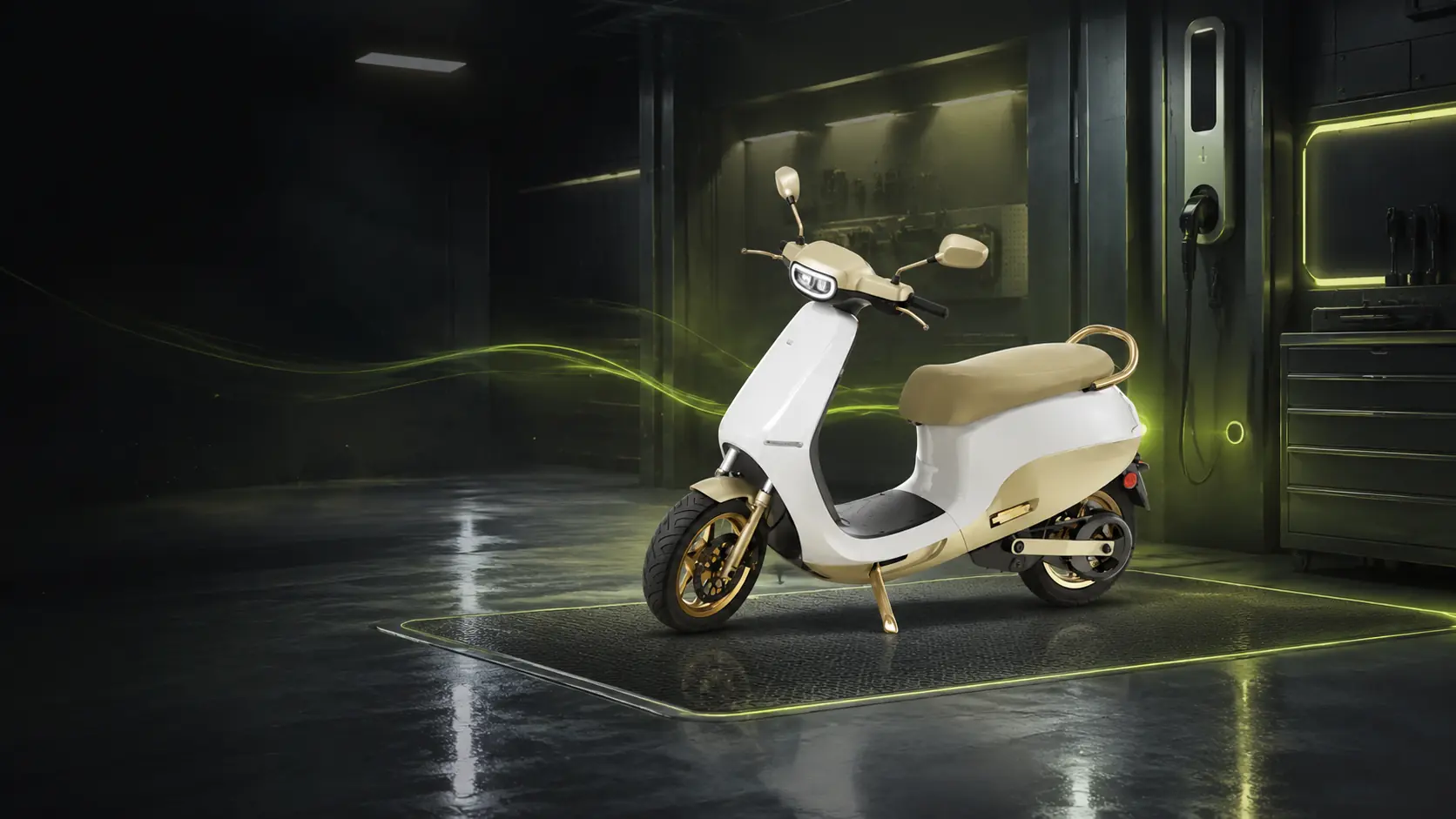 White OLA electric scooter inside a premium EV service station